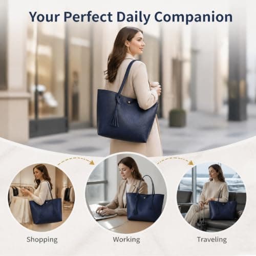 Oversize Vegan Leather Tote Women Weekender Bag Shopper Handbag Travel Purse (Blue) — view 6