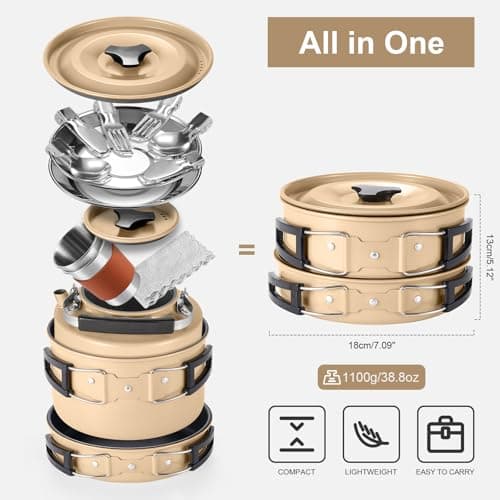 Odoland Camping Cookware Set Non-Stick Pot and Pan Set with Kettle, Stainless Steel Utensils Mess Kit, Cups Plates Knives Spoons Forks for Outdoor Cooking — view 3