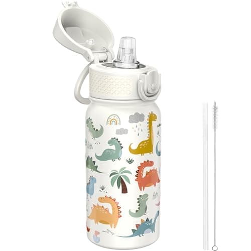 GOPPUS 350ml/12oz Kids Stainless Steel Water Bottle with Straw Toddler Drinks Bottle with Handle Small Insulated Bottles School Cold Metal Flask with Flip Top Lid BPA Free (White Dinosaur)