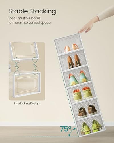 SONGMICS Shoe Boxes, Pack of 12 Stackable Shoe Storage Organisers, Foldable and Versatile for Sneakers, Fit up to UK Size 8, Transparent and Cloud White LSP12SWT — view 3