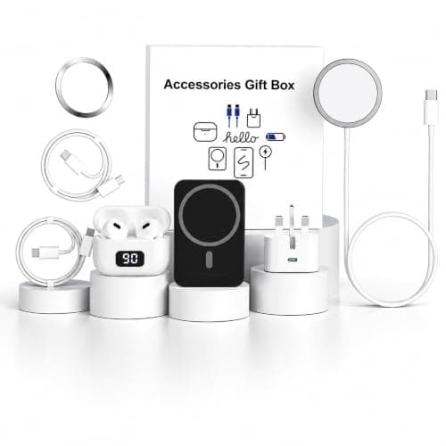 6-in-1 Mobile Charging Kit Gift Box – Portable Power Bank, Wireless Earbuds, Magnetic Charger Compatible with iPhone, USB-C Cable & Fast Wall Adapter – All-in-One Phone Accessories Set (White)