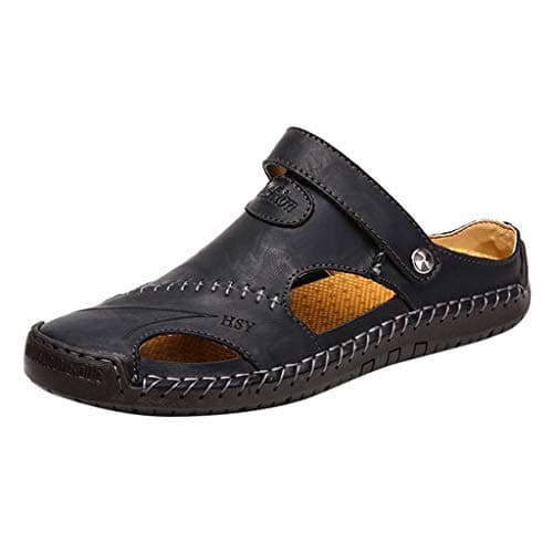 Summer Men'S Casual Leather Sandals, Outdoor Beach Shoes Leather Outdoor Hiking Sandals Closed Toe Casual Walking Sandals Beach Summer Sandals For Hiking Trekking Breathable Travel Slippers