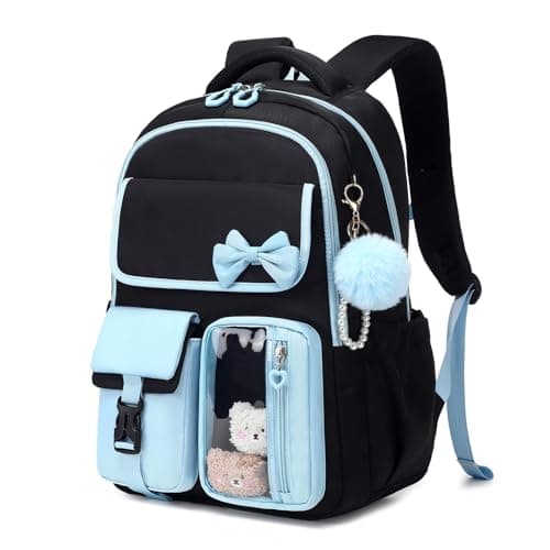 QIXIHU Girls School Backpack, Cute Kids Rucksack for Primary Secondary School, School Bag for Teenagers with Bow & Pom Pom Charm, Multi-Pocket