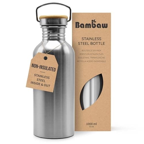 Bambaw Non-Insulated Stainless Steel Water Bottle 1000 ml, Eco-Friendly Non-Thermal, Stainless Steel Canteen, Easy to Clean, Reusable Water Bottle, Children's Water Bottle (Natural Steel)