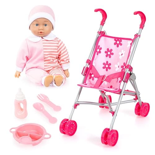 Bayer Pink Dolls Stroller -Doll and Pram Set for 2 Year Old+ Doll Included