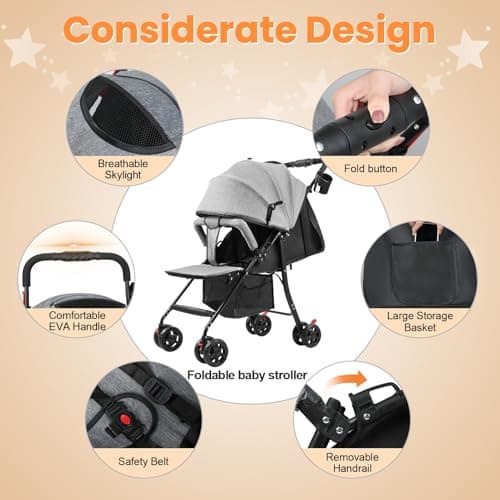 Lightweight Travel Stroller, One-Hand Fold Pushchair with Adjustable Recline & Sun Canopy, Compact Umbrella Stroller for Newborn to Toddler Up to 10kg,Ideal for Air Travel, Shopping & Daily Use Grey L — view 5
