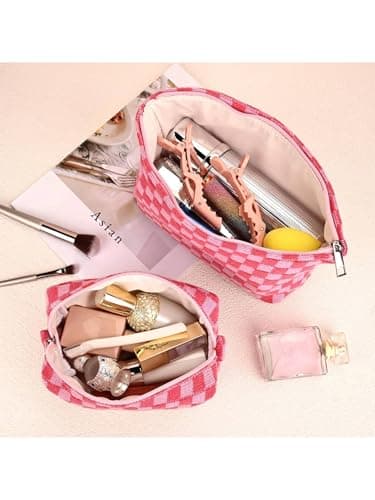 Makeup Bag, Birthday Gifts for Women, Large Small Capacity Checkered Travel Make up Bag, 2 Pack Cosmetic Bags Portable Toiletry Bag for Mom Sister Friends Girls — view 3