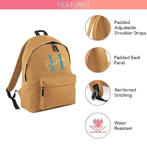 Print Maniacs Personalised Any Name Large 18L Kids Travel Backpack Junior Shoulder Collage Rucksack School Lunch Swimming P.E Laptop Book Bag (Caramel, Teal/White) — view 4