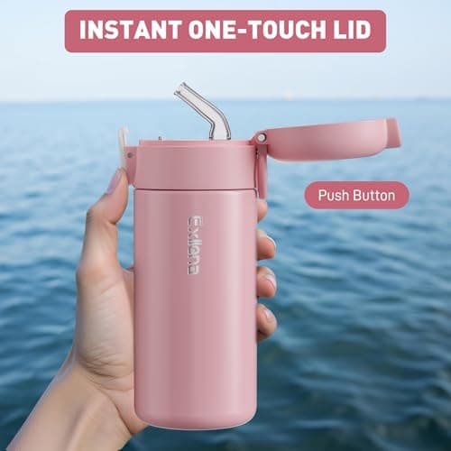 Exllena 300ml Small Water Bottle with One-Touch Soft Straw Lid, Double-Wall Vacuum Insulated Small Flask for Hot&Cold Drinks–Leak-Proof, Mini Water Bottle for Handbag, Yoga, Sport (Pink) — view 4