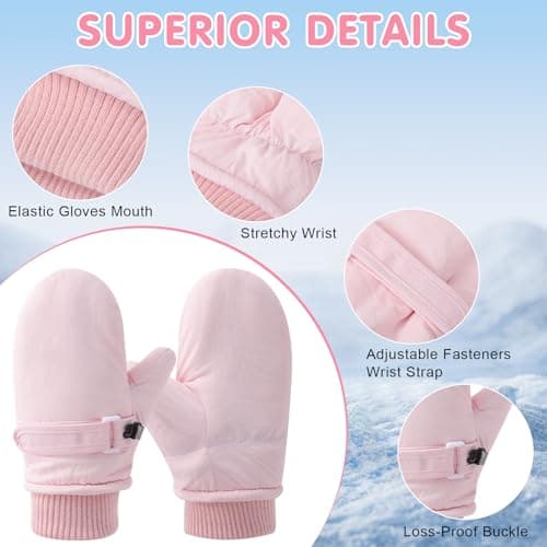 Fjquamitix Kids Warm Gloves Winter Waterproof Snow Mittens Warm Fleece Lined Gloves for Girls Boys Adjustable Wristband Thermal Mittens for Skiing Outdoor Causal Use (Pink, M(2-4Y)) — view 3