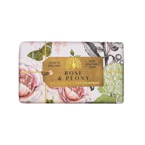 The English Soap Company Anniversary Rose and Peony Soap - Luxury Shea Butter Bar - Floral Rose and Raspberry Scent, Vegan Friendly, Plastic-Free Recyclable Packaging, Made in England - 190g