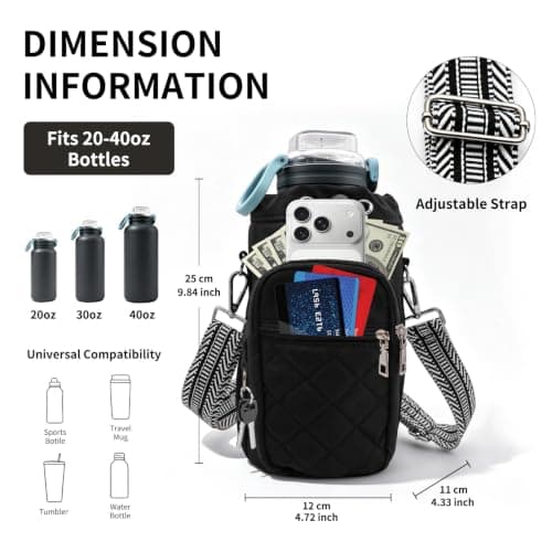 Deposhion Water Bottle Carrier Bag Crossbody Phone Pocket for Women 40oz (Black) — view 3