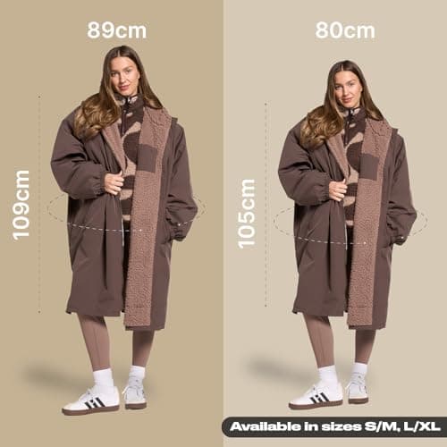 OHS Rain Coats for Women Men, Oversized Waterproof Changing Robe Fleece Lining Women's Jackets with Hood & Pockets Drying Robe Lightweight Ladies Jackets for Outdoor Travel, Brown - L/XL — view 2