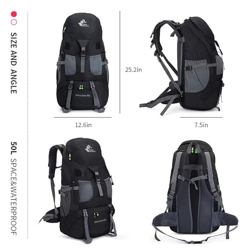 Bseash 50L Hiking Backpack, Water Resistant Lightweight Outdoor Sport Daypack Travel Bag for Camping Climbing Touring (Black - No Shoe Compartment) — view 2