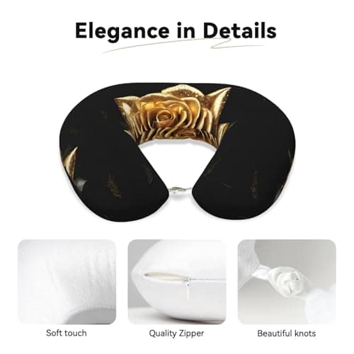 AUGUSTRUSH Memory Foam Neck Pillow - Travel Pillow With Adjustable Clasp, Removable Washable Cover For Airplane Office Car, Ergonomic Support Comfortable U-Shaped Pillow, Gold Rose Print — view 3