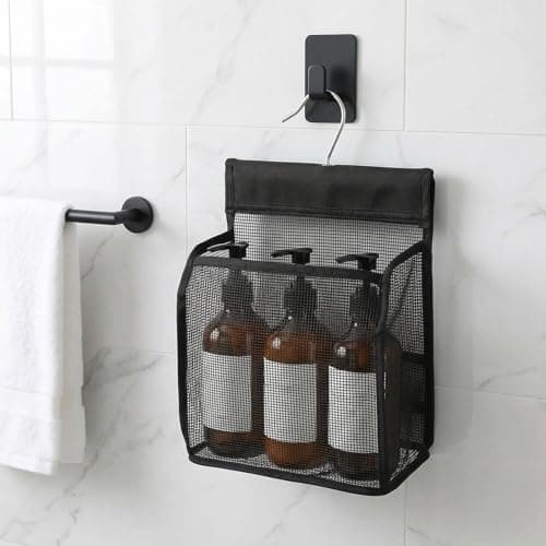Bremorou Mesh Shower Bag Organizer, Portable PVC Bathroom Storage Bag for Travel, Lightweight Shower Bags for Gym and Swimming, Caddy Organizer for RV, Black Mesh Toiletry Bags with Hooks — view 4