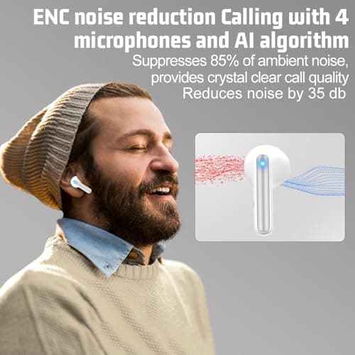 JBES Wireless Earbuds Bluetooth Earphones, 60H Deep Bass Ear Buds with 6 Noise Cancelling Microphone, IP5 Waterproof in Ear Headphones for iPhone Android Sports Gaming (Snow White) — view 2