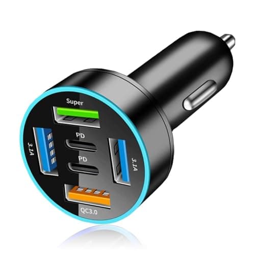 50W USB C Car Charger 6-Port, 2 USB C + 4 USB Adapter for 12V-24V