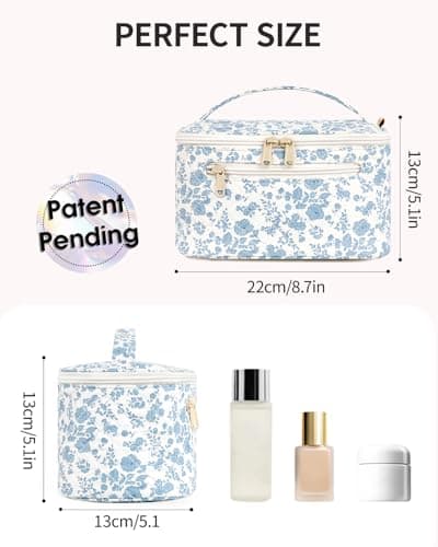 Travel Makeup Bag Quilted Fabric Large Cosmetic Bag with Brush Compartment, Blue Flower — view 6