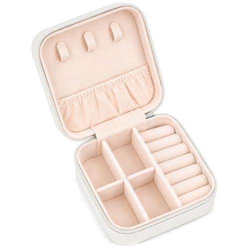 Viktauy Travel Jewelry Case, Mini Travel Jewelry Box, Jewelry Organizer Case, Portable Small Jewelry Organizer Storage Boxes - Best Gift for Women Girls (White)