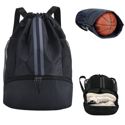 RubyTint Drawstring Gym Bag-Waterproof Sports Backpack with Shoe Compartment and Wet Dry Separation, Large Unisex Swimming Bag with Mesh Fabric and Adjustable Shoulder Straps (black)