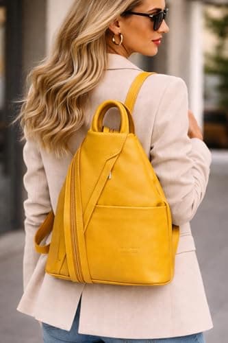 LeahWard Anti-theft Women's Soft Genuine Leather Rucksack Italian Leather Backpack (Yellow) — view 5