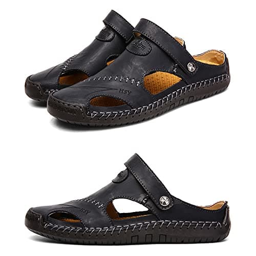 Rojeam Mens Casual Synthetic Leather Sandals Closed Toe Beach Slippers Flat Shoes Summer Sandals for Hiking Trekking, Black, 8.5 UK — view 4
