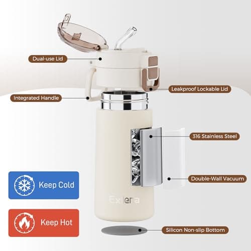 Exllena Small Insulated Water Bottle 400ml with Pop-Open Soft Straw & Spout 2-in-1 Lid, Kids Insulated Water Bottle Leak Proof for Cold&Hot Drinks, BPA-Free, Ideal for School, Handbag, Sport(Beige) — view 2