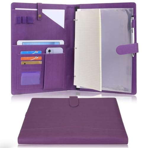 Wonderpool A4 PU Leather Portfolio Holder Ring File Document Case with Removable Binder Clipboard, Multi Pocket and Legal Pad for Business Organizer Interview and Meeting (Purple)