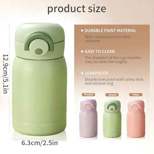 Eastrise Small Water Bottle, 220ml Stainless Steel Insulated Flask, Mini, Lightweight & Leak-Proof with One-Hand Open Lid for Coffee, Milk, Juice, Hot and Cold Drinks (Green) — view 2