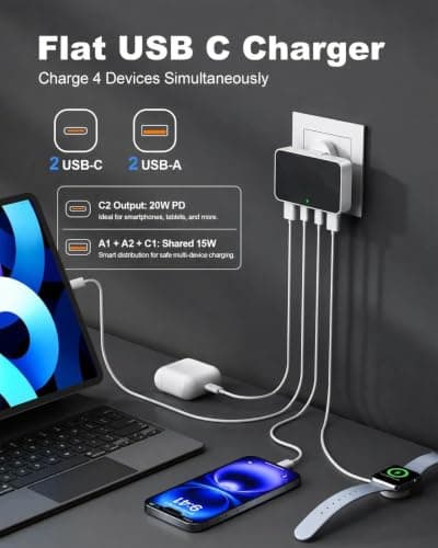 USB C Plug Charger 20W PD&18W QC,Slim Flat 4-Port USB Wall Charging — view 2