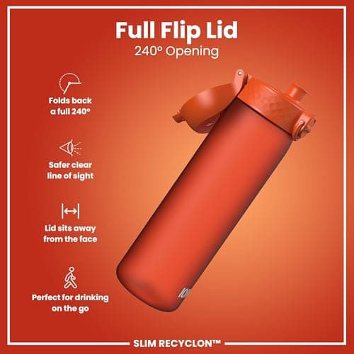 Ion8 Water Bottle, 500 ml/18 oz, Leak Proof, Easy to Open, Secure Lock, Dishwasher Safe, BPA Free, Hygienic Flip Cover, Carry Handle, Fits Cup Holders, Easy Clean, Carbon Neutral, Hearty Orange — view 4