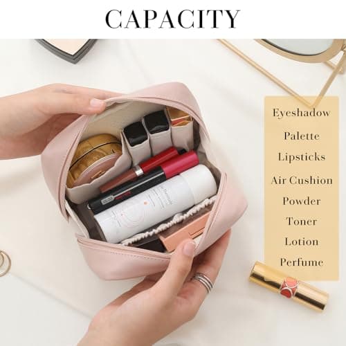 Small Cosmetic Bag PU Leather Travel Makeup Organizer, Zipper Pouch, Pink — view 2