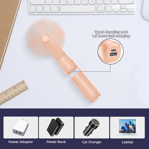 Jsdoin Hand Held Fan, Portable Handheld Fan with 3 Speeds, USB Rechargeable Foldable Travel Fan with Power Bank Desktop Fans with Lanyard for Home Travel Office Outdoor (Pink) — view 3