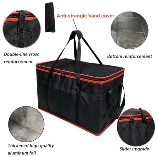 Surbootime 77L Insulated Food Bag for Cars, Suitable for Food Delivery/Zip-Lock Shopping, Reusable, Extra Large Capacity, Reinforced Bottom, Ideal for Camping, Family BBQs, and Picnics (Red & Black) — view 3