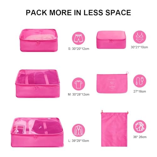OSDUE Packing Cubes for Suitcases, 6 PCS Travel Luggage Packing Organizers Waterproof Travel Essentials Bag Accessories, Clothes Cosmetics Toiletries Storage Bags, Rose Red — view 2