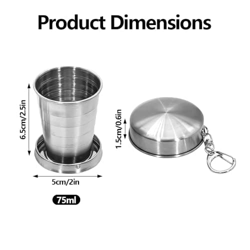 OWATRKDEY 1 Pack Stainless Steel Collapsible Cup, Portable Folding Shot Glass with Lid & Keychain, Compact Travel Cup for Camping, Hiking & Outdoor Use (Silvery, 2.5 oz / 75 ml) — view 2
