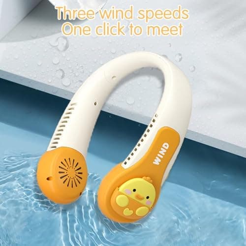 Portable Neck Fan for Kids,1800mAh Cartoon Bladeless Neck Fan,Wearable Hands Free Bladeless Mini-Fan,1200mAh Neck Fan with 3 Speeds Adjustable,for Kids Girls Students Outdoor Indoor (Yellow) — view 3