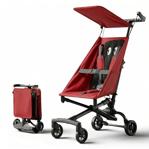 Lightweight Airplane Stroller, 2.8kg Instant Fold & Unfold Portable Pushchair, Cabin-Sized Compact Baby Stroller with Removable Cartoon Pad for Travel (0-4 Years), 4 Colors red
