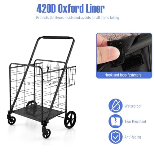 TANGZON Folding Shopping Cart on Wheels, 126L/150KG Capacity Metal Grocery Cart with Extra Basket, Removable Liner & Dense Mesh Base, Jumbo Portable Utility Push/Pull Trolley for Market (Black) — view 2