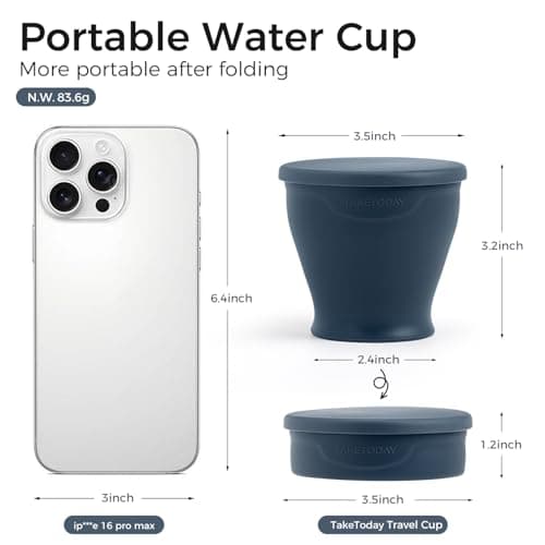 TakeToday Collapsible Travel Cup 8 Oz, Silicone Foldable Water Cup, BPA-Free with Lid & Waterproof Bag - Drinking Cup Set for Camping, Outdoors & International Travel, Navy — view 6