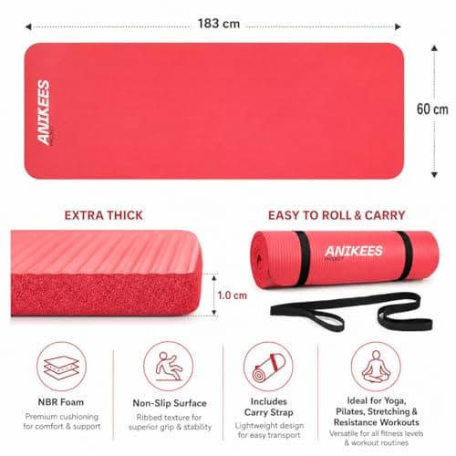 ANIKEES Extra Thick Yoga Mat, 183 x 60 cm, Multi-Purpose, NBR Foam Exercise mat, For Yoga, Pilates stre,tching, resistance work outs (Red) — view 3