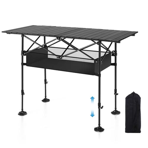 LET'S CAMP Folding Camping Table, Aluminium Roll up Picnic Table Black