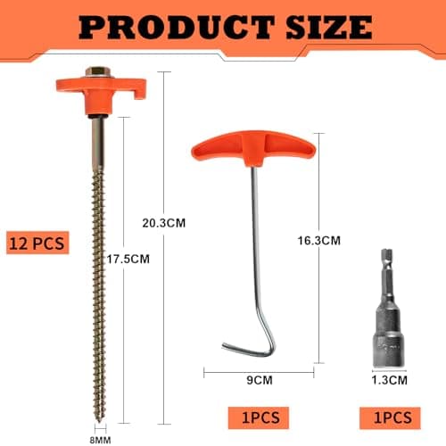 OFFOF 12 Pack Heavy Duty Metal Tent Pegs – Rotating Rock Pegs with Thread, Ground Anchors for Camping, Includes Drill Adapter & Nail Puller, Durable Steel Stakes for Garden, Canopies & Outdoor(orange) — view 5