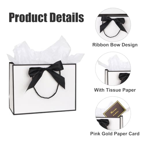 Medium Gift Bags wit Tissue Paper and Gift Cards for Present,3Pcs Paper Bags with Handles for Girls Womens Men Birthday Party Christmas Wedding Thank You,Any Occation (White&Black) — view 4