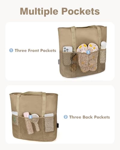 Beach Bag with Zip and Pockets Small Beach Tote Bags for Women, Khaki — view 5