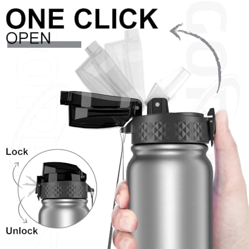 GOPPUS 600ml/20oz Stainless Water Bottle with Straw Double Wall Insulated Bottles with Strap One Hand Open Vacuum Thermal Flask with Flip Top Lid Leakproof Keep Cold Drinks BPA Free (Steel) — view 2