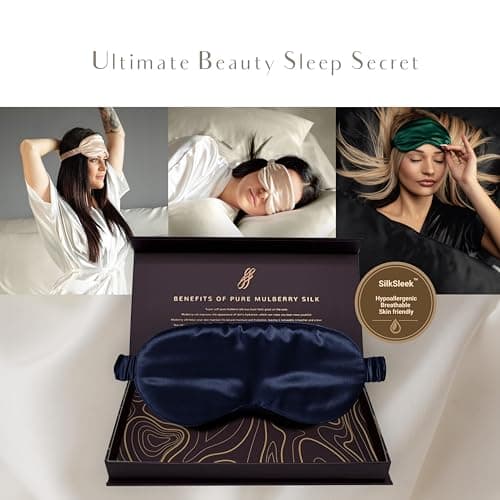 SILKSLEEK Eye Mask for Sleeping, 22 Momme Pure Mulberry Silk Sleep Mask Filled with 100% Pure Silk, Travel Essentials, Super Soft & Comfortable Blackout Eye Mask in Gift Box… (Navy Blue) — view 6