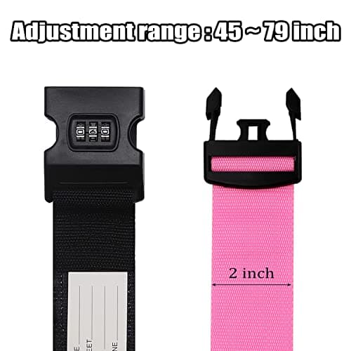 Luggage Strap, 2pcs Suitcase Straps with Password Lock Information Card, Adjustable Travel Packing Accessories Suitcase Belts with Buckle (Black+Pink, 2 PCS Set) — view 3