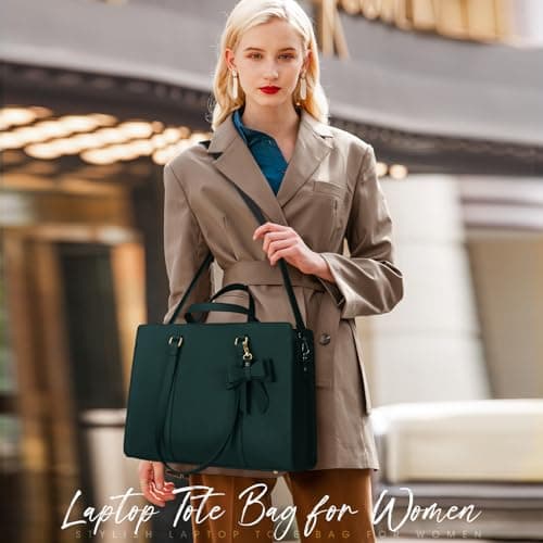 NEWHEY Laptop Tote Bags for Women 15.6 Inch Ladies Leather Laptop Handbags Designer Office Shoulder Bag Womens for Work School Business Shopping Green — view 2